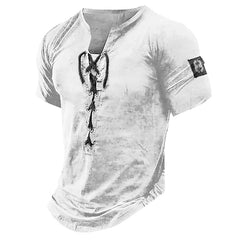 Hearujoy New Men V-neck Vintage T-shirt Short Sleeve Casual Cotton Tee Top Summer Fashion Lace Up 3D Digital Printed Tshirts Man Clothing