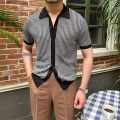 Hearujoy Summer Men Knit Polo Shirts Fashion Simple Plaid Knitted Sweater Vintage Short sleeve Button Cardigan Business Casual Knitwear
