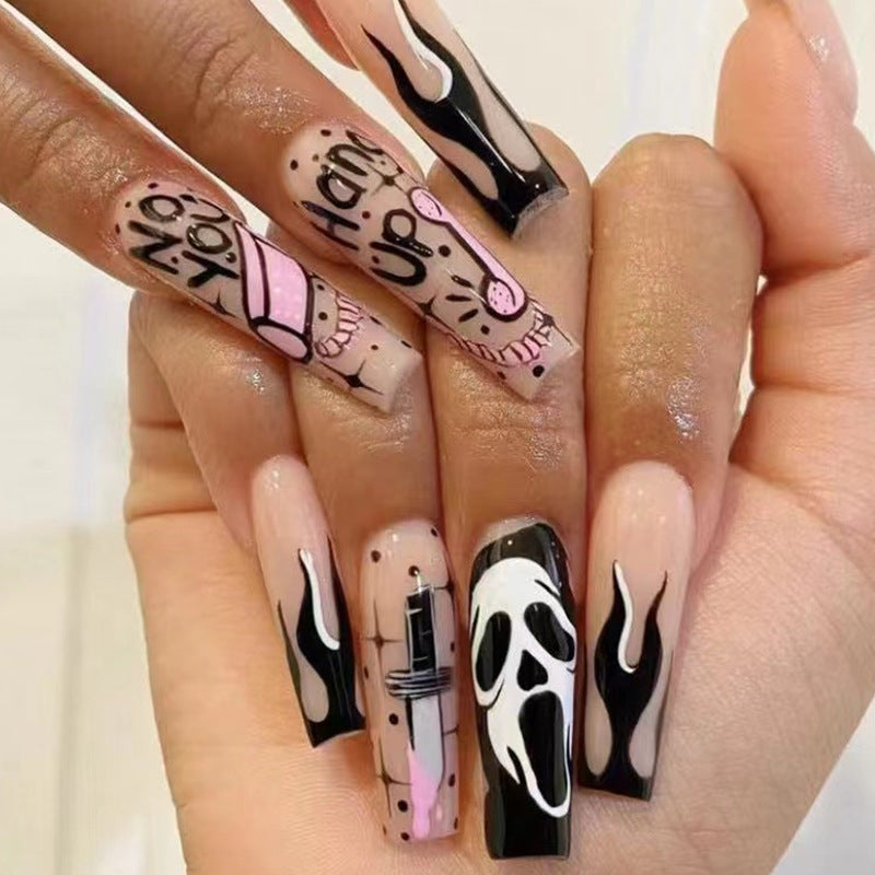 YICKYUE  -  24Pcs Halloween Nail Set Short Press on Cartoon Imp Long Fake Nails with Glue Blood Skull Holiday False Nails Stick On