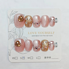 Yickyue  10pcs Handmade Press on Nails Shiny Pink Cat Eye Fake Nail Tips with Love Diamond Design Wearable Korean Short False Nails