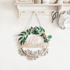 Artificial Flower Macrame Welcome Door Sign Macrame Wall Hanging  Farmhouse Wreath Boho Home Decor  Wedding Backdrop Christmas