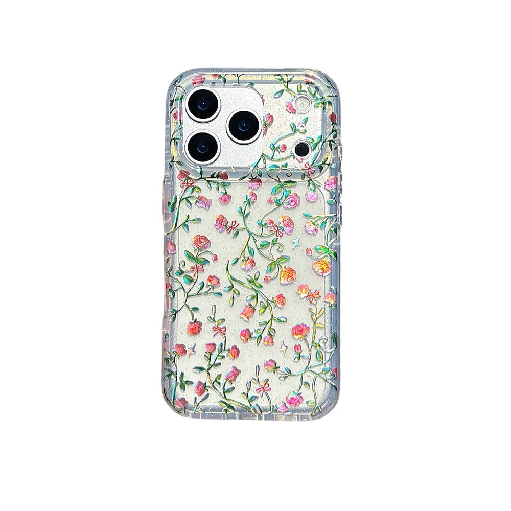 Lovely Flower Laser Glitter Phone Case for iPhone 14 15 16 16pro 16promax 17 17pro 17promax Shockproof Clear Anti-fall Cover