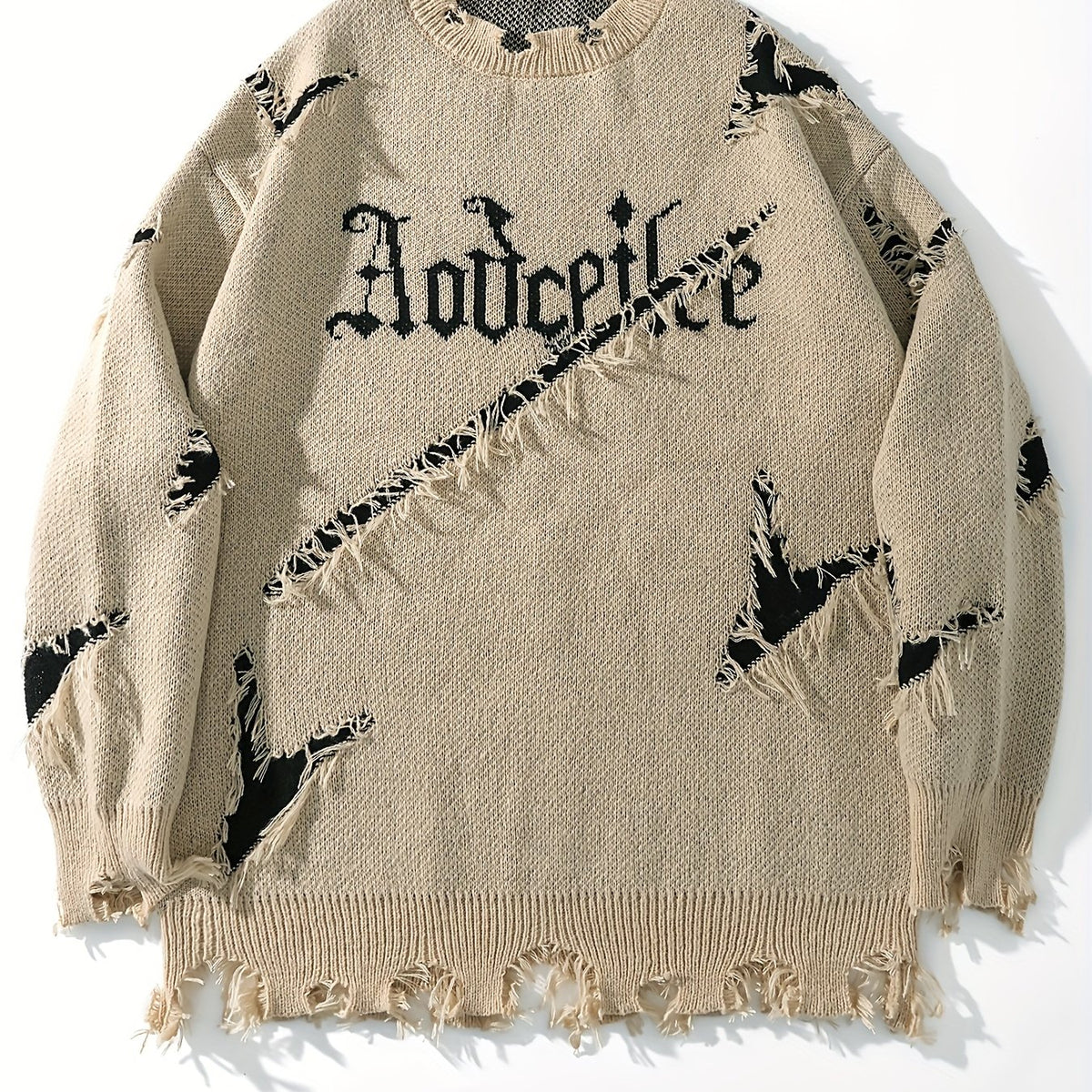 Hearujoy Men's Oversized Distressed Knit Sweater with Embroidered Letters - Gray Casual Streetwear for Fall/Winter, Loose Fit, Long Sleeve, Polyester Blend, Fall Winter Apparel|Distressed Sweater|Decorative Patches
