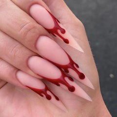 YICKYUE  -  24pcs Halloween Blood Drops French False Nails Full Cover Long Tip Fake Nails Press On Nails Nude Color Stiletto Nails Finished
