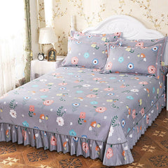 3pcs Set Thicken Printed Bed Skirt Soft Sanding Dust Proof Bed Skirt King Queen Size Bedspread with 2pcs Pillowcase