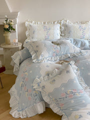 Yickyue Korean-style princess wind carved flower milk velvet four-piece set winter thickened coral velvet blue small fresh girl heart