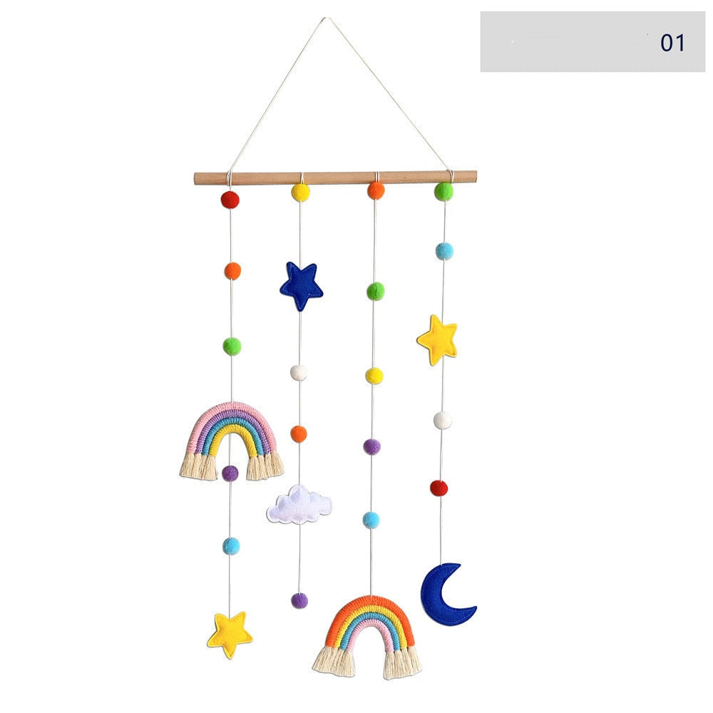 Rainbow Macrame Wall Haing With Pom Pom Photo Display Cute Wall Haing Boho Home Decor Picture Frames for Nursery Baby Kid Room