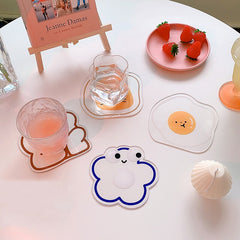 Yickyue Kawaii Bear Egg  Acrylic Coaster For Coffee Mugs Glass Cup Mat Cute Original Heat Insulation Anti-skid Mat Kitchen Accessories