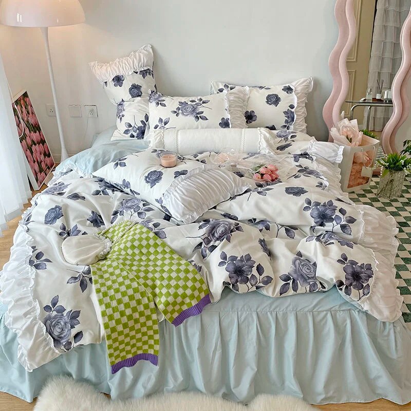 Yickyue Korean Ins Rose Pastoral Lace Quilt Cover Washed Cotton Princess Bedding Sets Bed Skirt Ruffles Pillowcase Woman Duvet Cover