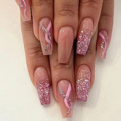 Yickyue Mid Length Ballet False Nails With Gradient Flashing Ripples Fake Nails Finished Product Wholesale Detachable Full Cover Acrylic