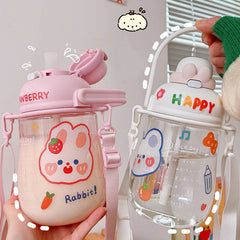 1100ML Large-Capacity Water Bottle Cute Rabbit Plastic Cup Direct Drinking Straw Cup Portable Cold Drinking Bottle with Stickers