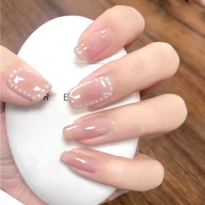 24PCS fake nails with glue sticker Pearl Mid-length Manicure patch removable full cover nails for girls