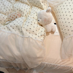 Yickyue Princess Chiffon 100% Cotton Duvet Cover Set with Bed Skirt All Cotton Bedding Set Soft Little Floral Quilt Cover and Pillowcase