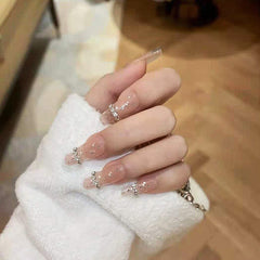 24Pcs Pearl French False Nails Nude Long Ballerina Nail Decorat Art Bride Wedding Rhinestone Acrylic Coffin Fake Nails with Glue