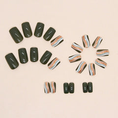 YICKYUE  -  Luxury Dark Green Gold Foil Glitter Powder Ripple Full False Art Nail Fake Nail Tip Press on Glue Manicure Fashion Woman Summer