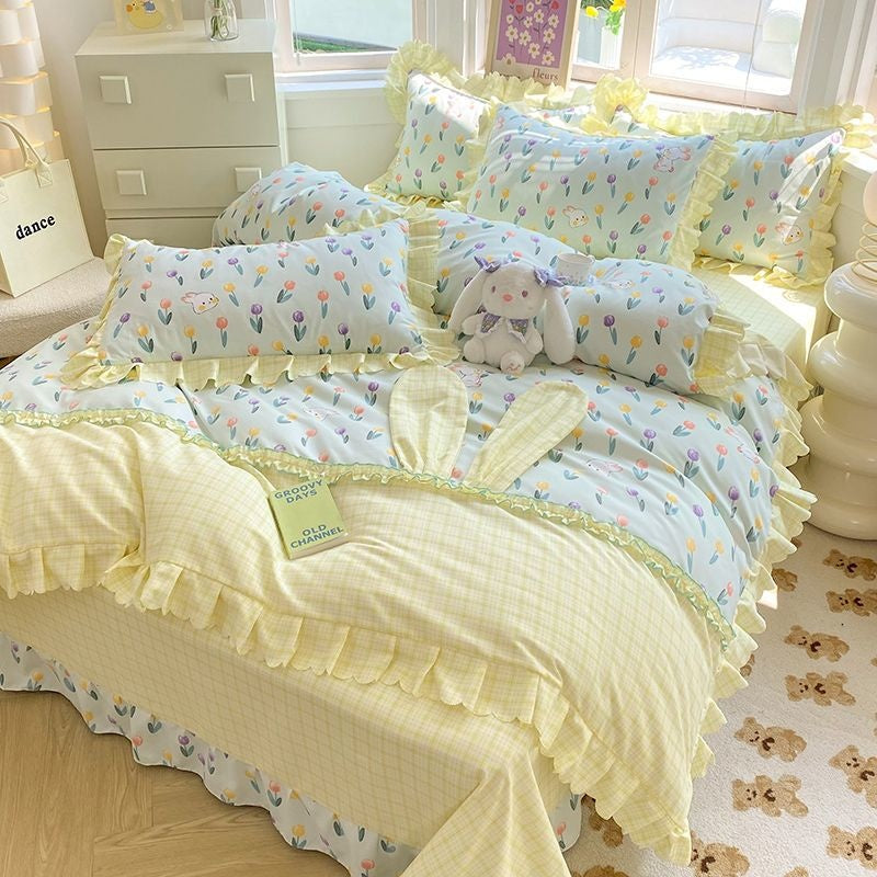 YICKYUE  -  Cartoon Princess Rabbit Bedding Set Kids Girls Ruffled Edge Bed Sheet Washed Cotton Duvet Covers With Rabbit Ears Decorations
