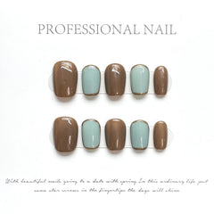 YICKYUE  -  10 pcs Handmade Fake Nail Short Style Retro Brown Detachable False Nails Tips Reusable Press On Nails Coffin Manicure Art