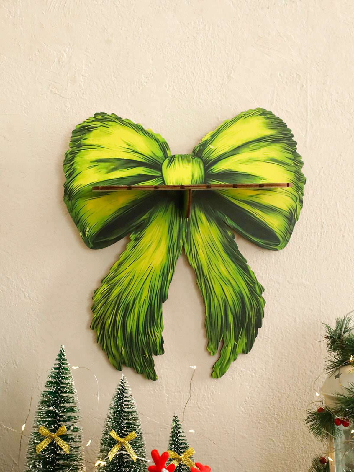 YICKYUE  -  Wooden Christmas Floating Wall Shelf Green Bow Shaped Wall Shelves Decors Aesthetic for Christmas Decor Ornaments and Gifts