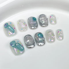 YICKYUE  -  10Pcs Cute Short Press On Nails INS Colorful Dot Cat Eye False Nails 3D Charm Silvery Fake Nails Full Cover Fake Nail Tips Art