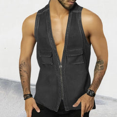 Hearujoy Vintage Patchwork Jean Tank Tops Men Slim Fit Sleeveless Denim V-neck zipper Shirts Summer Fashion Sexy Vest Male Streetwear