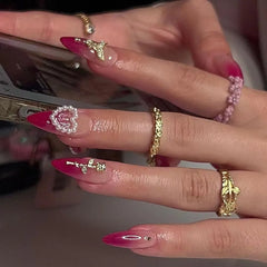 YICKYUE  -  Rose Love Heart Alloy Pearl Valentine Red Gradient Almond Shape Fake Art Nail Full Cover Finished False Nail Tips Press on Glue