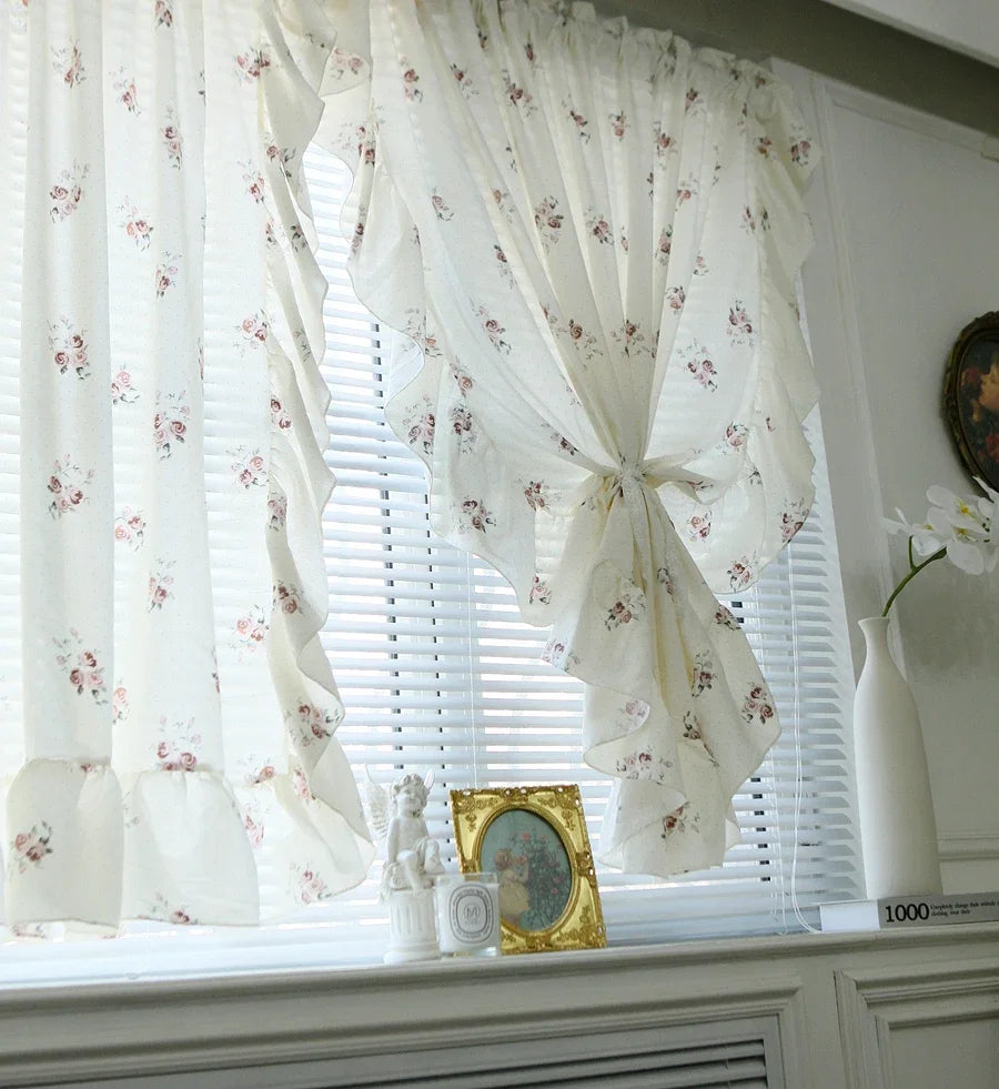 YICKYUE  -   Creamy White Romance Half Curtain Flounced Short Curtains Floral Window Drapes in Living Room Bedroom Room Divider Home Decor