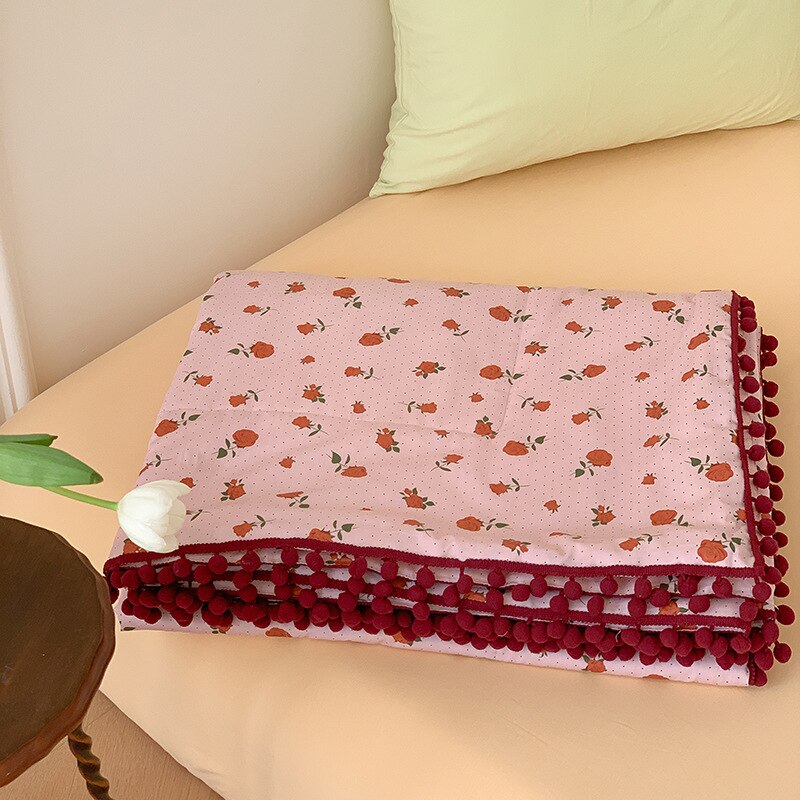 Yickyue Summer Quilt Thin Quilt Printed Cotton Cherry Flowers Pompons Comforter Soft Bedspreads Air Condition Blanket Double Size
