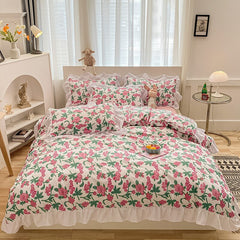 Luxury Super Soft Princess Flowers Plaid Bedding Set Single Queen King Ruffles Quilt Duvet Cover Set Pillowcases Double Bed Set