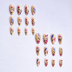 YICKYUE  -  24pcs Spring Flower Press on Nails Ins Simple Almond Fake Nail Tips Full Cover Wearable Sweet Korean False Nails for Girls