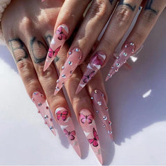 YICKYUE  -  24Pcs Glitter Gradient Green False Nails with Rhinestone Long Almond Press on Nails Detachable Stiletto Fake Nail Tips Wearable
