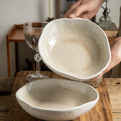 YICKYUE  -  [Ice-Cracked Ceramic Bowl] Unique 7.5-Inch Ceramic Bowl - Ice-Cracked Glaze, Retro Irregular Shape, Perfect for Salads, Appetizers & Japanese Ramen, White Textured Design for Stylish Dining