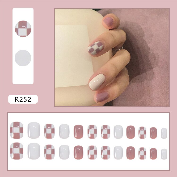 24 Pcs Autumn Khaki Plaid Acrylic Ballet Fake Nails With Glue Korean Cute Press On False Nail Tips Tools For Manicure Decoration