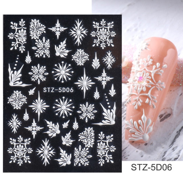 1PCS Christmas Nail Stickers White Snowflake New Year 5D Embossed Sliders Winter Manicure Art Gel Polish Decals LASTZ5D01-08