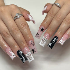 YICKYUE  -  24PCS Long Coffin Star Diamond False Nails Press On Acyrlic Nails Leopard Print French Y2K Fake Nails with Designs Ballet Nail