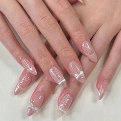 YICKYUE  -  Bowknot Ribbon Pearl Rhinestones Love Heart Press on Nails Japanese Korean Almond Shape Pink False Nail Detachable Fake Art Nail
