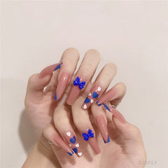 24Pcs Long Love Bow Design French Style Fake Nails Cute Flowers Blue Flame Detachable Press on False Nail Tips Manicure Nail Art