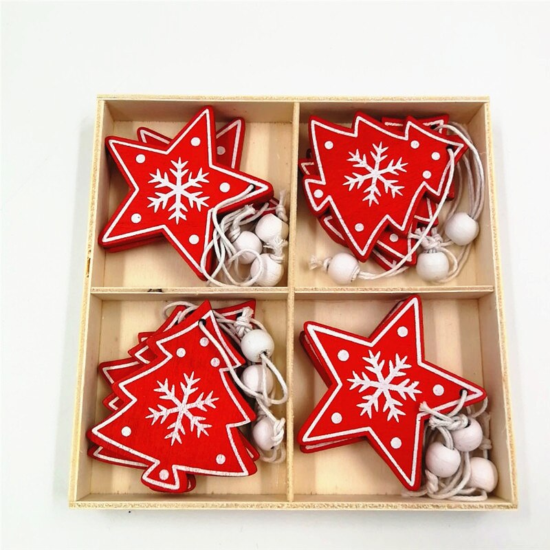 Yickyue Christmas Decoration Supplies Wooden Pendant 4 Grid Boxed Elk Bell Snowflake Wooden Pendant Tree Ornaments