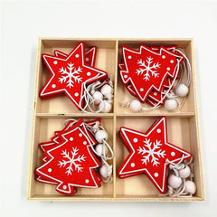 Yickyue Christmas Decoration Supplies Wooden Pendant 4 Grid Boxed Elk Bell Snowflake Wooden Pendant Tree Ornaments
