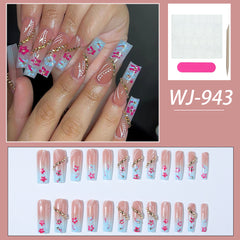 YICKYUE  -  24pcs Extra Long Square Nail Blue Flower Embellished Gold Diamond Coffin False Nails, French Blue Nails,Removable Press On Nail
