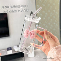 YICKYUE  -  Transparent Simple Square Water Cup with Lid Girl's Ins Wind Glass Straw Cup High Temperature Resistant Coffee Milk Cup Handle