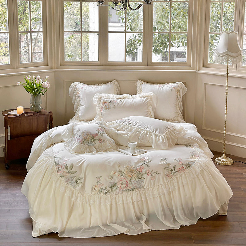 YICKYUE  -  Princess Chiffon Lace Bedding Sets Luxury Green Egyptian Cotton Flowers Embroidery Duvet Cover Bed Sheet Pillowcases 2024 New