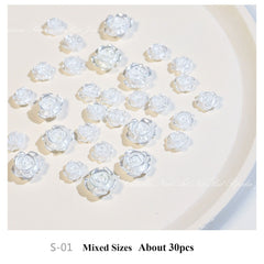 3D White Aurora Camellia Nail Art Jewelry Acrylic Resin Flowers Design Elegant Wedding Charms Accessories Rhinestone Decorations