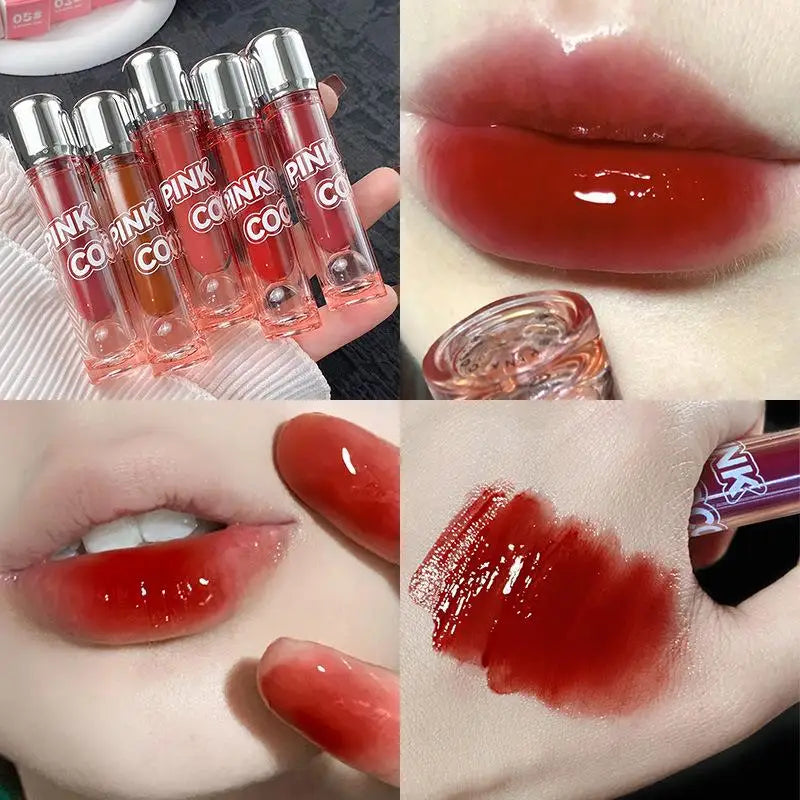 YICKYUE  -  1pc Sexy Red Jelly Mirror Lipstick Long Lasting Non-stick Cup Moisturize Water Light Lip Gloss Korean Lips Makeup Cosmetics New