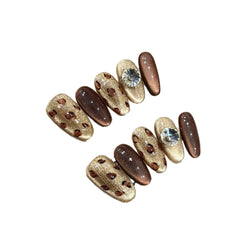 YICKYUE -  10pcs Handmade Shimmery Brown Cat's Eye Press On Nail Glossy Diamond Leopard Print False Nails Reusable Wearable Fake Nail Tips