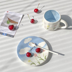 YICKYUE  -  New Chinese Cartoon Cartoon Coffee Cup Modern Simple Handmade Ceramic Cup and Saucer suit Afternoon Tea Tableware Mug