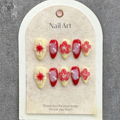 YICKYUE  -  10pcs Handmade Press on Nails Ins 3D Hand-painted Red Flower False Nail Wearable Full Cover Yellow French Almond Fake Nail Tips