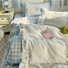 YICKYUE  -  Fresh Korean Floral Ruffled Bedding Set – 100% Cotton 4-Piece