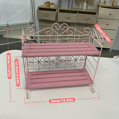 YICKYUE  1pc Pink 2-Tier Foldable Metal & Wood Storage Rack ¨C Elegant Countop Organizer for Bedroom, Kitchen, Bathroom, Living Room, or Garden Decor, Living Room Storage, Utility Racks