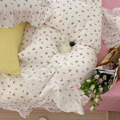 Yickyue 100% Cotton Vintage Rose Flowers Ruffled Duvet Cover Set for Girls Twin Queen 3/4pcs Machine Washable Breathable Bedding set