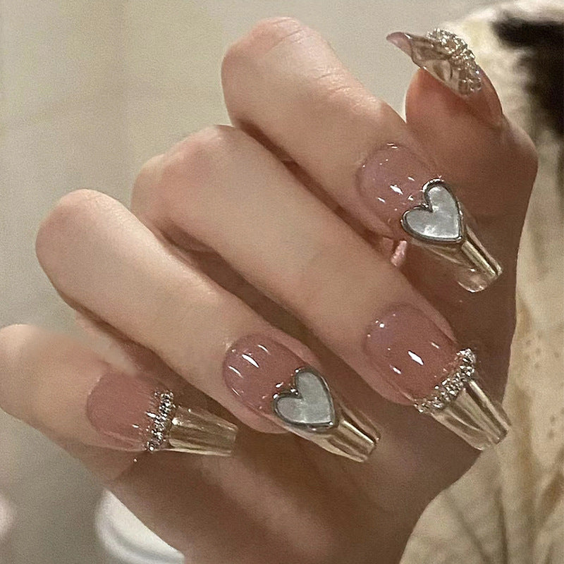 Yickyue 24Pcs Three-dimensional Love Heart False Nails with French Design Long Coffin Wearable Fake Nails Rhinestone Press on Nails Tips